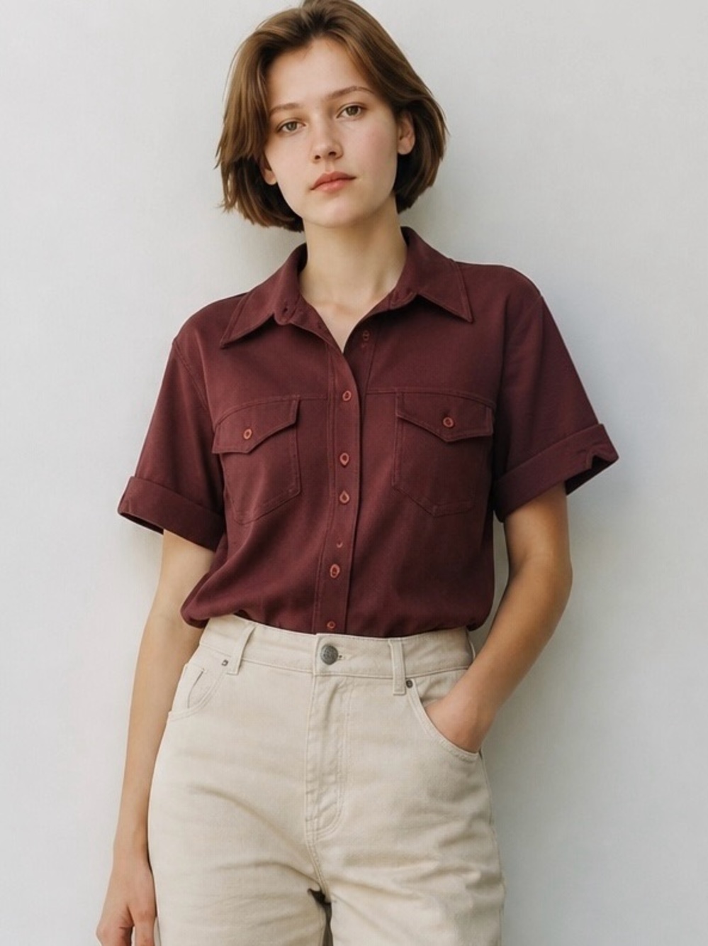 J&ANS Dolce & Gabbana Short Sleeve Button Front Top in Deep Burgundy size S